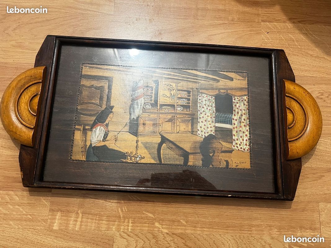 Grand Plateau En Bois Décoré - Pyrogravé - Vintage - 42 X 29 Cm