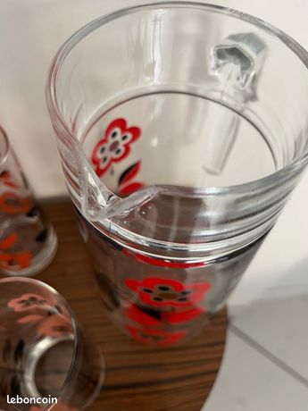 SERVICE ORANGEADE 6 Verres + Pichet Gainage Rotin Vintage 1950 TBE