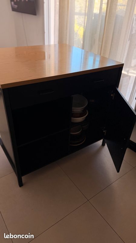 Îlot central de cuisine noir et effet chêne – 100 × 90 × 90 cm (image 2)