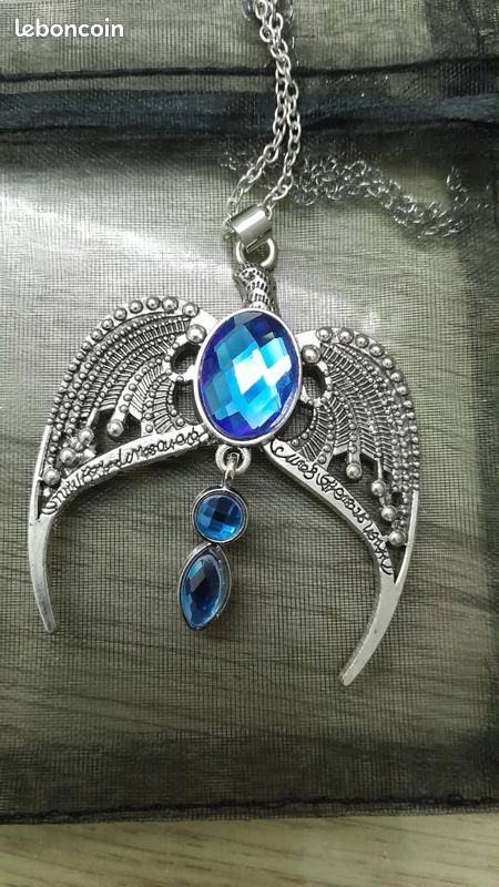 Collier Harry Potter Serdaigle Avec Pierre Lapis Lazuli - Pendentif Ailes D'ange, Longueur 46-50 Cm