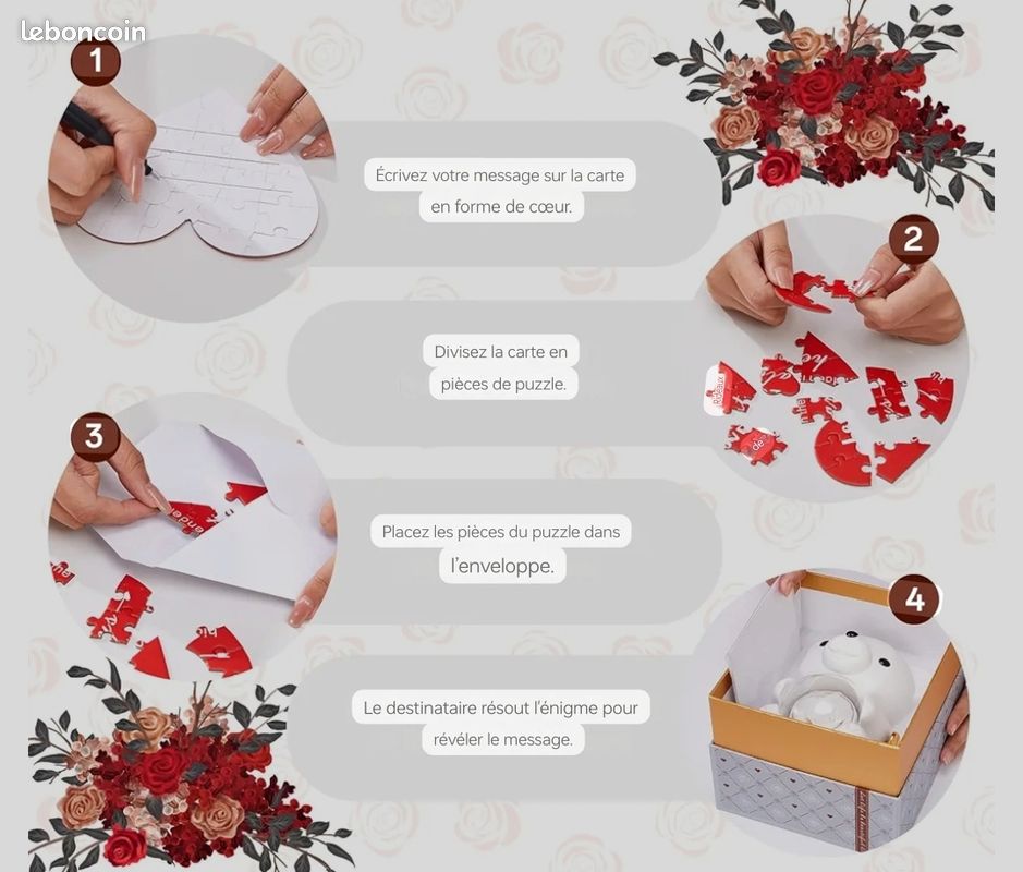Mikasol Ours en Teddy Romantique Blanc avec Rose Préservée - Cadeau Parfait pour la Saint-Valentin (image 9)