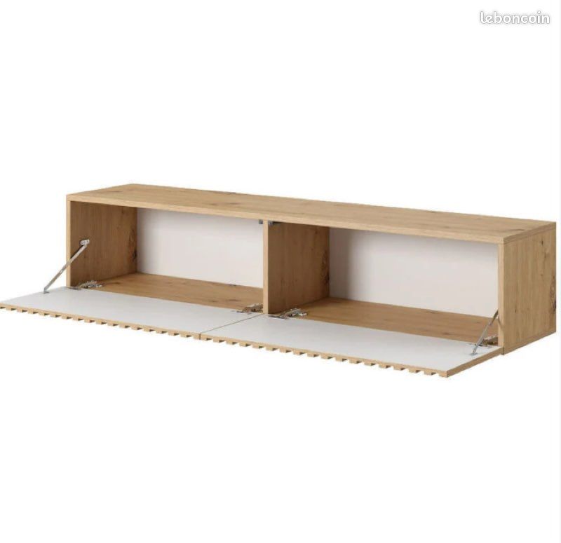 Meuble TV 140 cm en chêne artisan avec façade fraisée et inserts noirs (image 6)