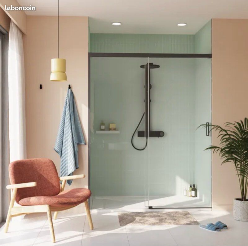 Paroi de douche coulissante neuve 2 panneaux vitrage transparent noir, longueur : 160cm (image 2)