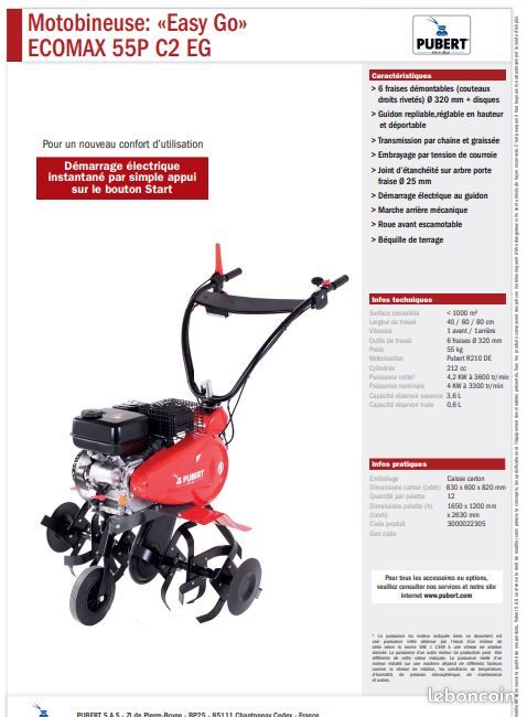 Motobineuse PUBERT ECOMAX 55P C2 EG dmarrage lectrique - Jardin & Plantes