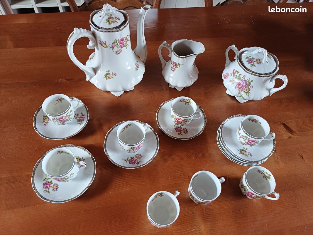 Service à café vintage pour 5 personnes, porcelaine plaquée or, années 80-90 - France