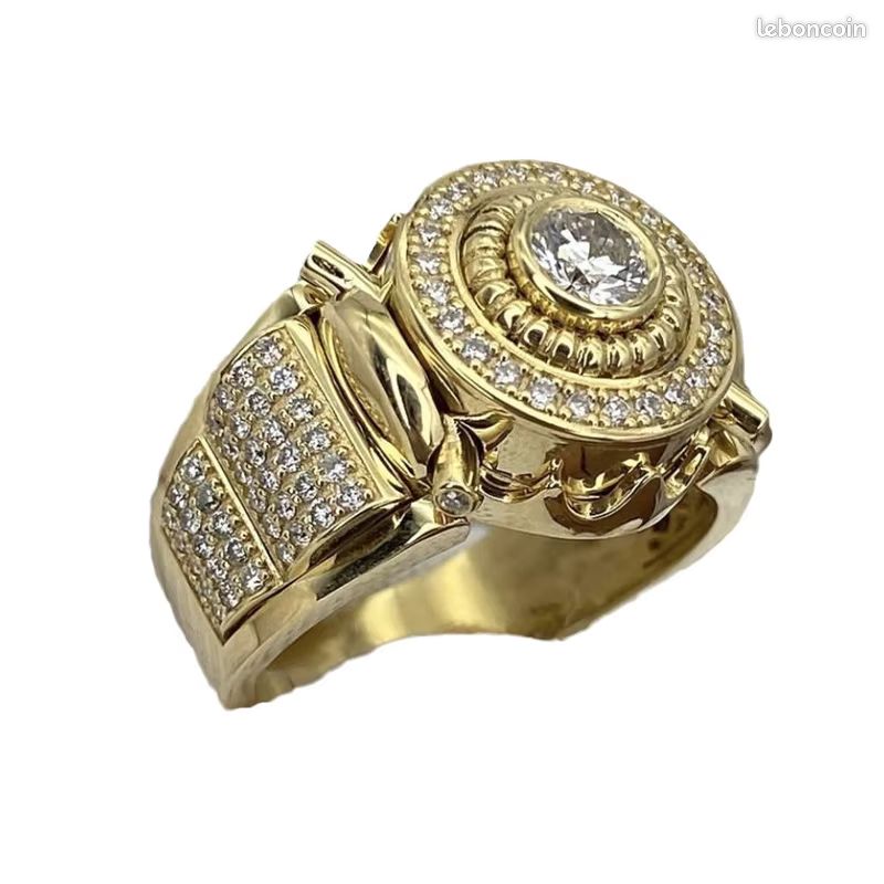 Bague Dorée Avec Pierre Centrale Noire - Taille 59 - Bijou Occasion - Sans Marque