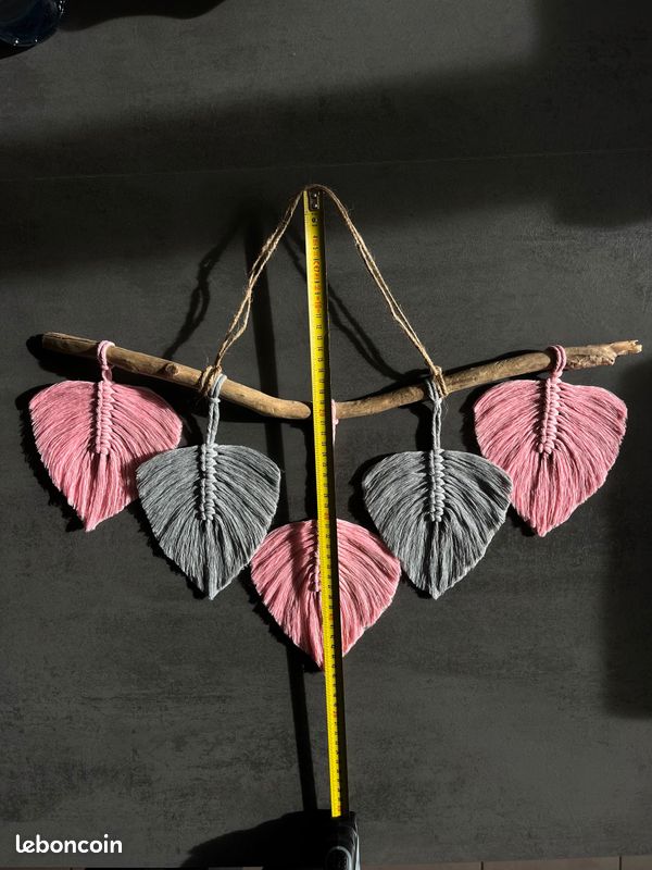 Suspension macramé 5 feuille rose pâle et gris (image 2)