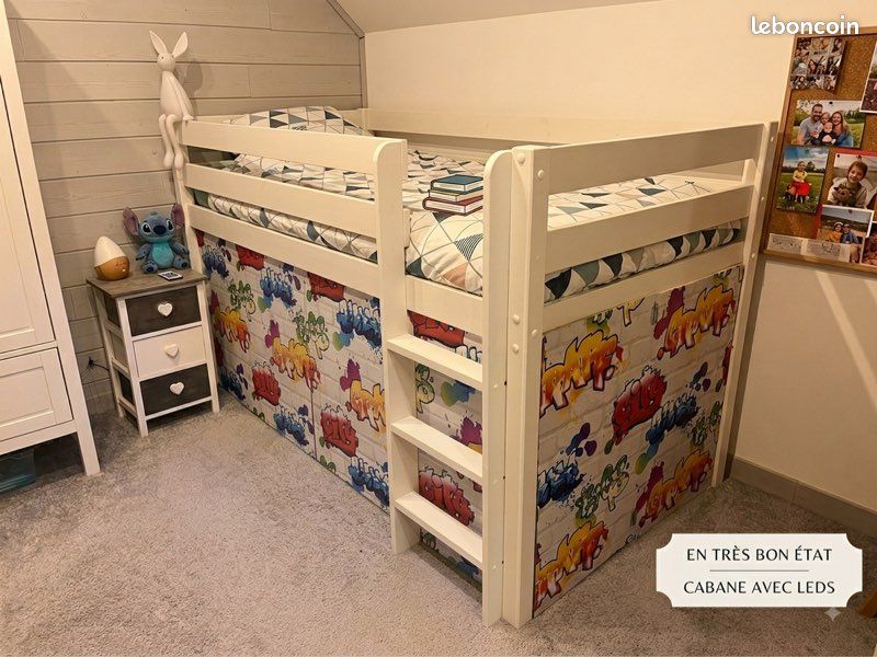 Lit Mezzanine Enfant (90x190) avec Matelas Neuf, Cabane Secrète (image 1)