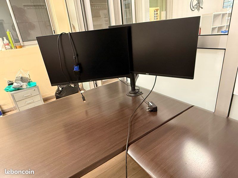 Bureau en bois avec support écran, 2 écrans et un caisson tiroir (image 4)