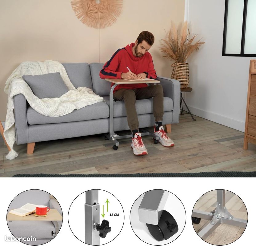 Table de Lit Mobile et Ajustable â Support PC Portable sur Roulettes â Hauteur RĂ©glable 67-79 cm â Plateau ChĂȘne et Structure MĂ©tal â Compact & Ergonomique (image 3)