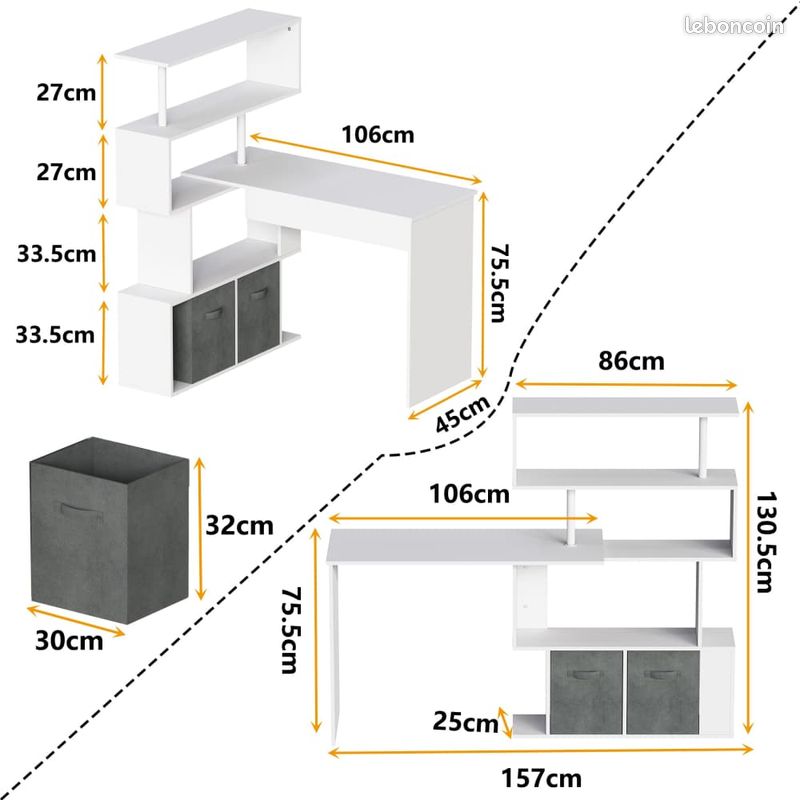 Bureau Blanc Angle Bois avec Méthode Placement + Rangements + Place Ordinateur Informatique + Étagères Quatre Niveaux Chambre Bureau Salon (image 2)