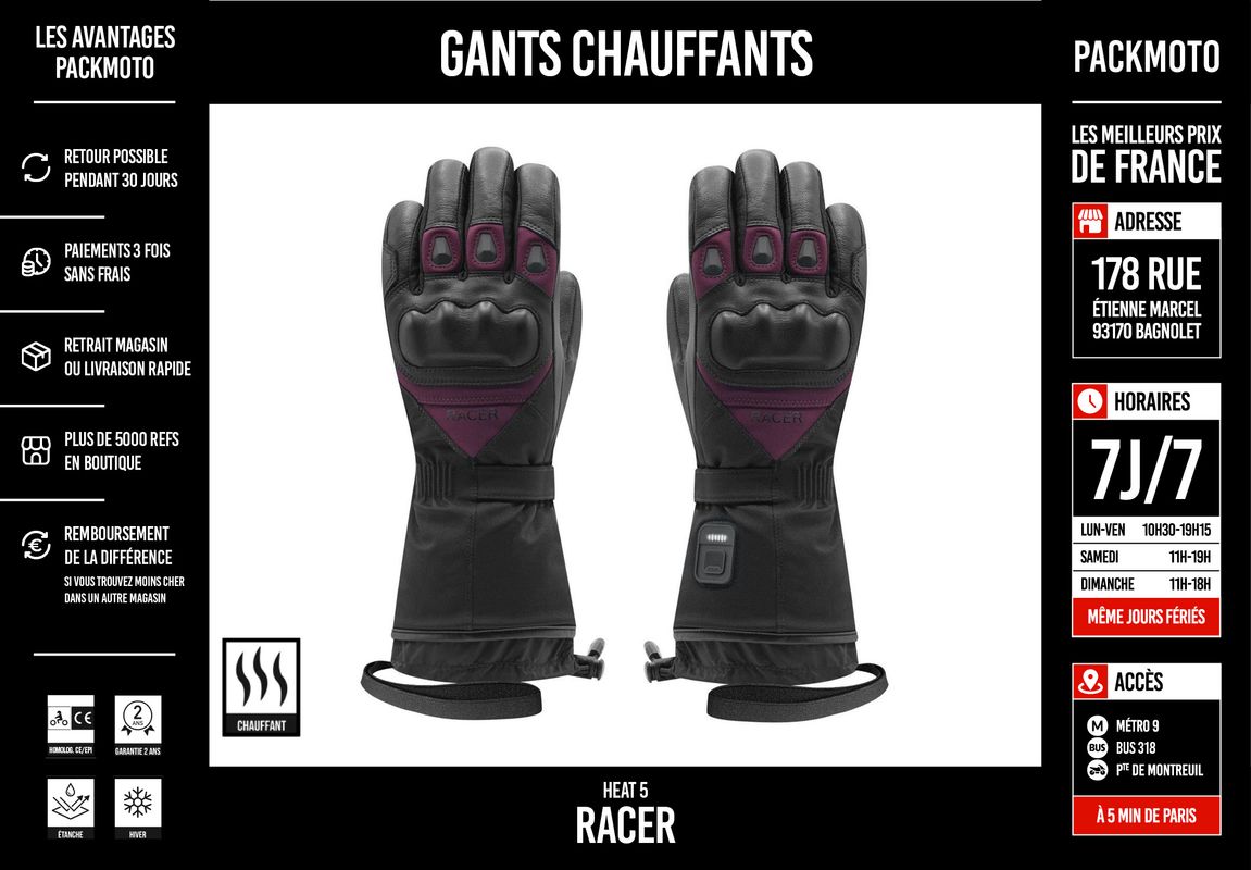 Gants moto Racer chauffant Heat 5 - Noir