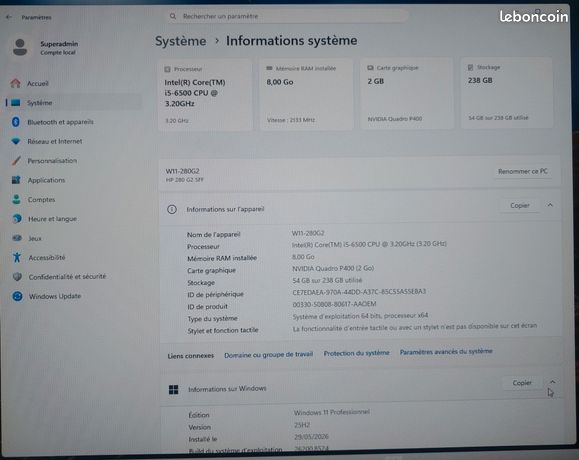 HP 280 G2, Processeur Core i5, 8 Go RAM, Graphic Nvidia Quadro P400 2G RAM, Disk 256 SSD 4