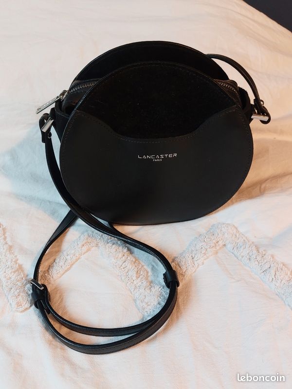 Sac Lancaster Bandoulière Toile Noir - Logo Ronds, Détails écaille Argent, Taille Moyenne