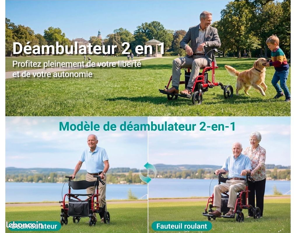 Déambulateur pliable 2 en 1 pour fauteuil roulant, pliable et léger, avec siège, en aluminium, avec porte-canne et sac de courses amovible, déambulateur étroit pour appartement (image 4)