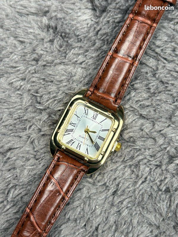 Montre Homme Rectangulaire à Quartz - Cadran Argenté, Bracelet Marron Cuir PU, Style Habillé 2024