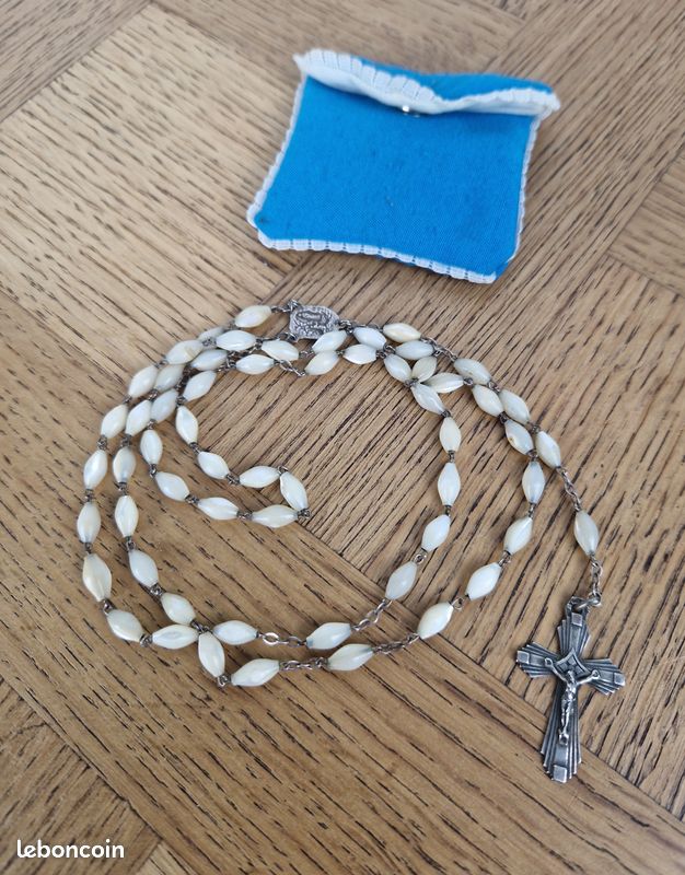 RARE CHAPELET ANCIEN Argent massif Et Boule Nacre croix reliquaire