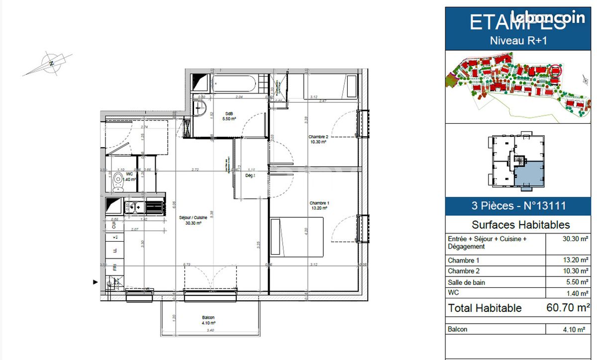Appartement 3 pièces 60 m² · à Étampes · 60 m² · 800 €/mois