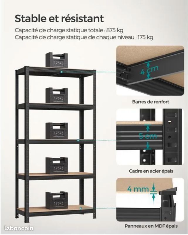 Étagère métallique SONGMICS 5 niveaux – modulable – 90 × 40 × 180 cm (image 2)