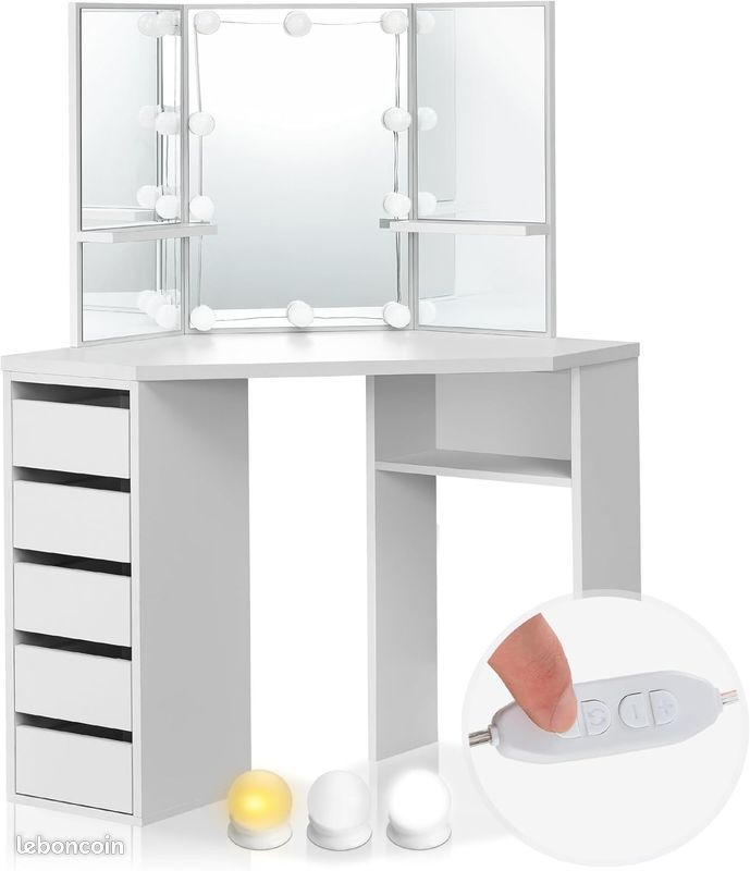 Coiffeuse Angle Bois Blanc - Éclairage LED - Miroir - Tiroirs - Planches - Table de Maquillage Moderne (image 1)