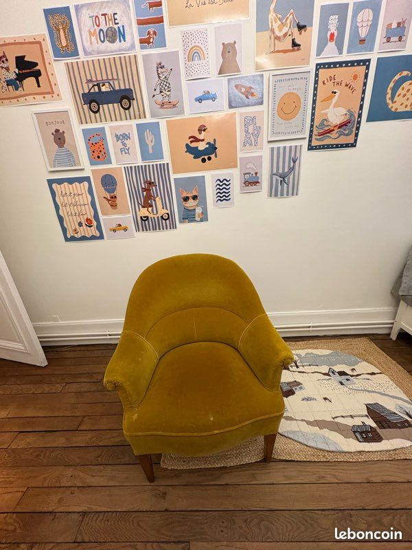 Fauteuil vintage velours jaune moutarde – style années 50/60 (image 1)