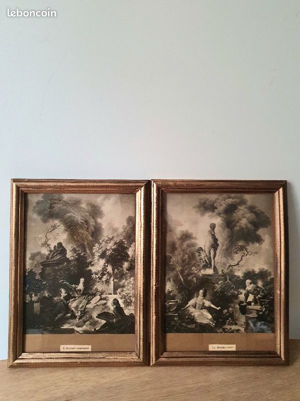 Deux élégants petits cadres avec des impressions anciennes reprenant deux célèbres tableaux de Frago (image 1)