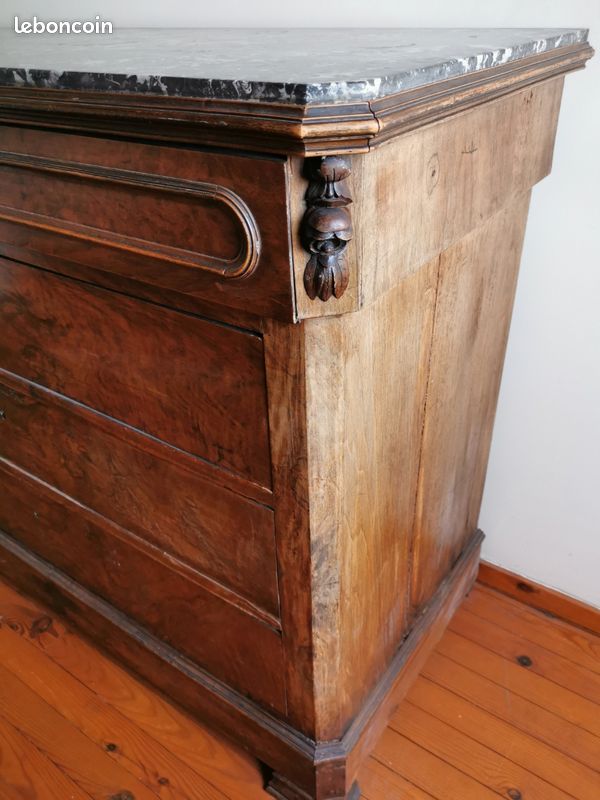 Commode ancienne en bois massif avec plateau en marbre - 4 tiroirs (image 5)