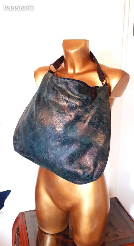 Sac NEUF en Jean bleu motif Doré & Simili Cuir Marron (image 4)