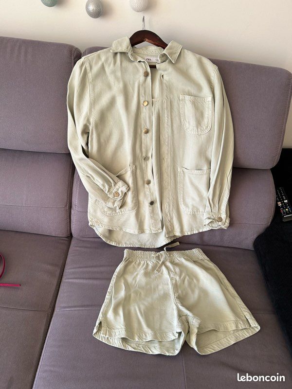 Short Zara Mom Fille Coton Vert Taille 10 Ans - à Poches, Ceinturé, état Impeccable