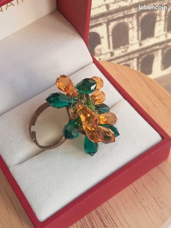 Bague Bronze Ajustable Fleurs Vertes – 3 Mm, 17x15 Mm – Neuve Sans Emballage