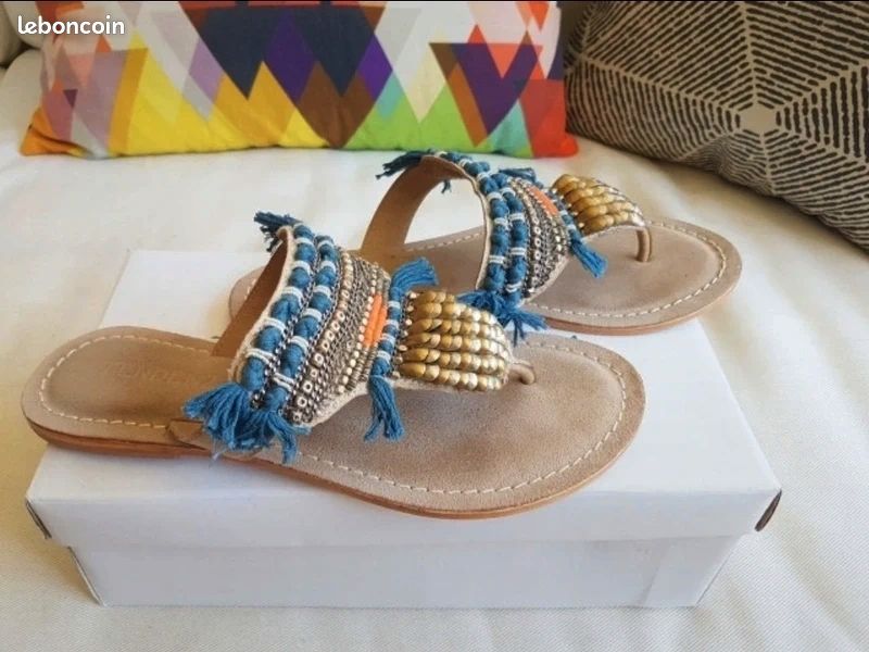 đ Sublimes tongs sandales plates Cuir Bleu Bronze - Alma En Pena (Boho) (image 5)