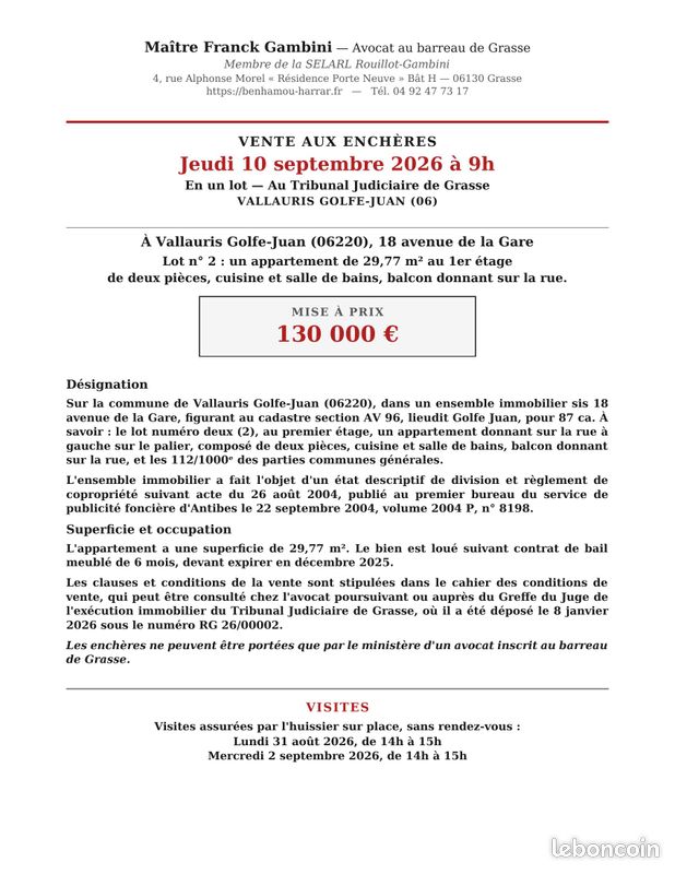 Appartement 2 pièces 30 m² · à Vallauris · 29,8 m² · 130 000 €