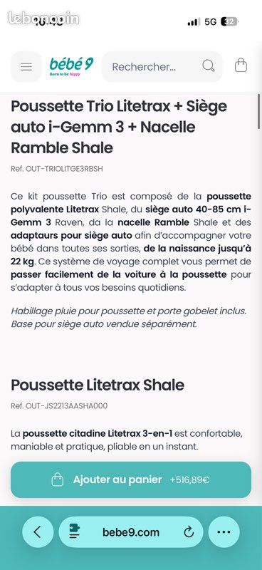 Trio poussette Joie Litetrax + nacelle + coque i-Gemm – Très bon état (image 2)