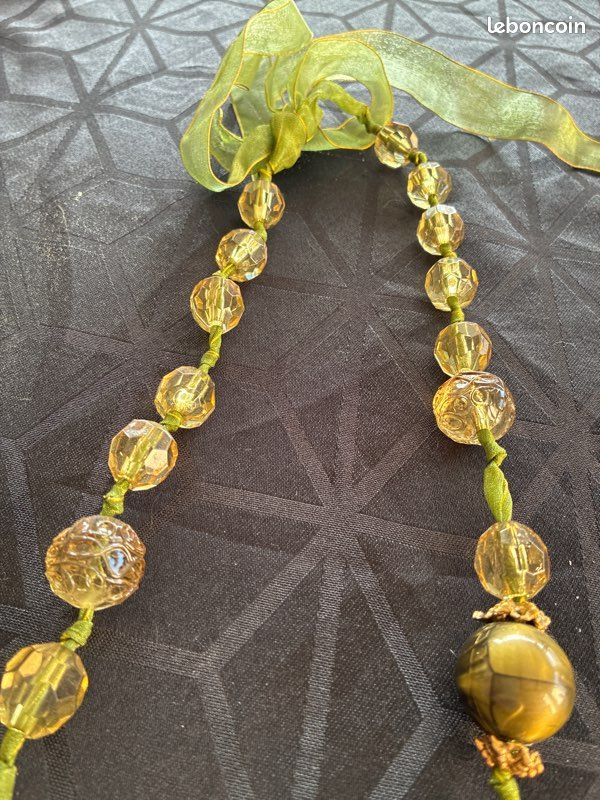 Collier Sautoir Vintage Perles De Verre Vertes - Long Bijou Rétro, Occasion Parfait état