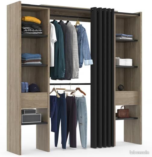 Dressing Extensible 120-180 cm – Double Penderie & 8 Étagères – Coloris Hêtre et Rideau Noir – Design Moderne (image 1)