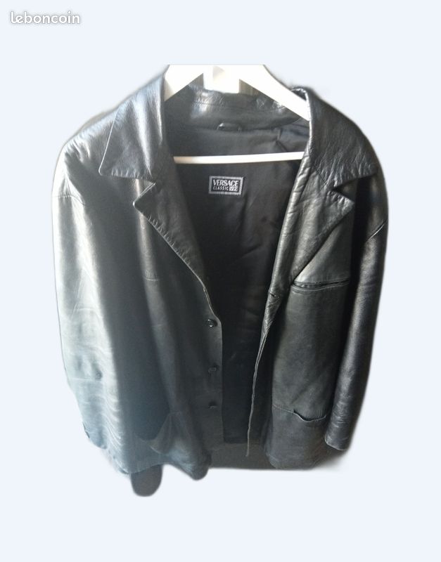 Veste en cuir noir de marque Versace XL (image 1)