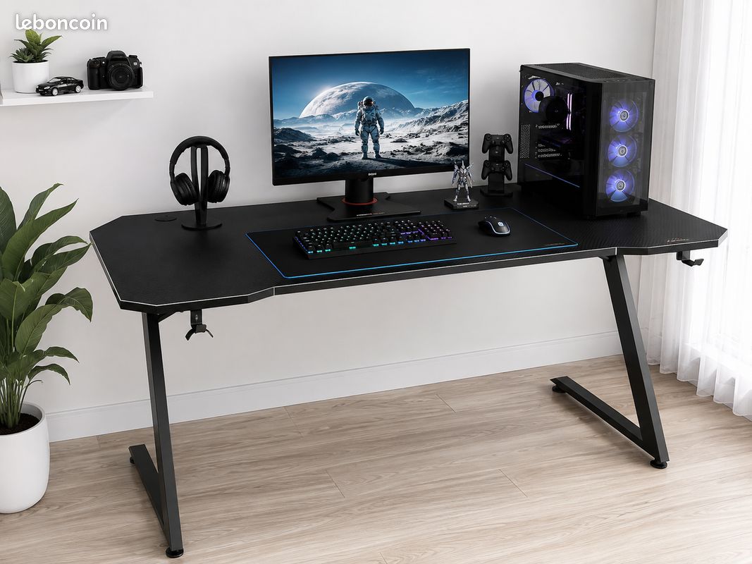 Bureau Gaming Gamer 120x60 cm – Tapis XXL, Passe-Câbles, Support Casque – Noir - Envoi offert (image 1)