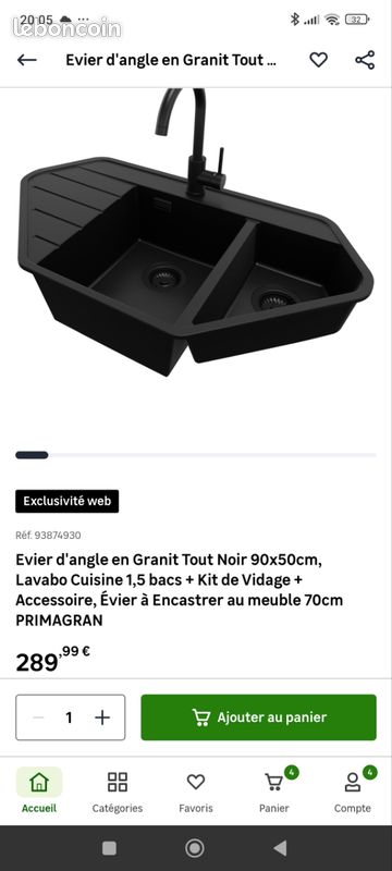 Évier angle en pierre noir (image 1)