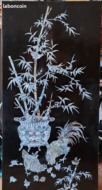 Grand panneau de Laque Marquetés Instration De Nacre. 80 cm X 40 cm. Poule et coq. Chine (image 2)