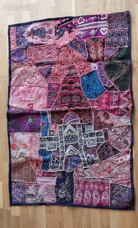 Tapisserie Murale Indienne Vintage Patchwork Perles Et Sequins - Décoration Bohème Faite Main