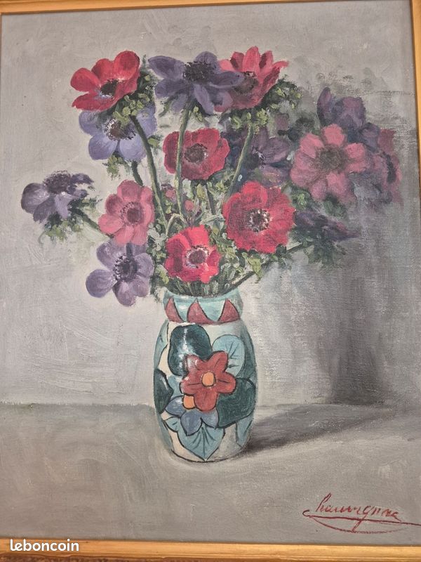 CLAUDE CHAUVIGNAC, ÉCOLE LYONNAISE, " pot fleuri et bouquet d'anèmones" huile sur toile 42 x 33 (6F) (image 11)