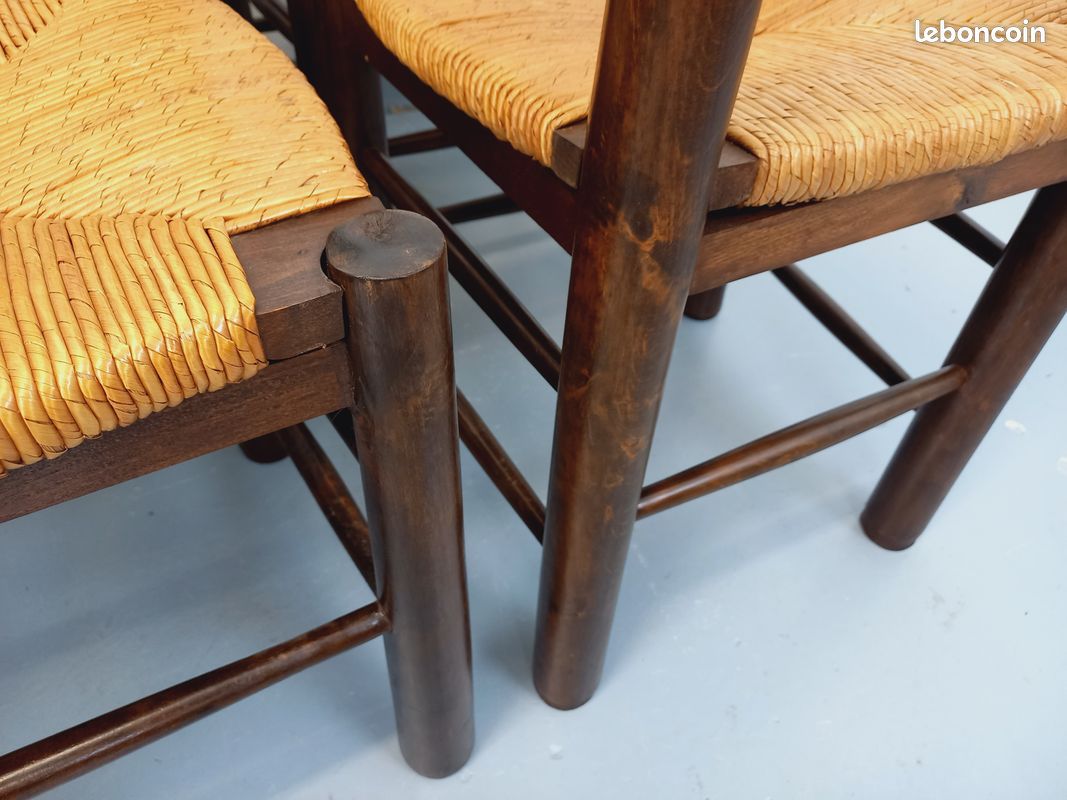 Suite de 6 chaises brutalistes vintage Georges Robert en bois et paille des années 50 60 (image 8)