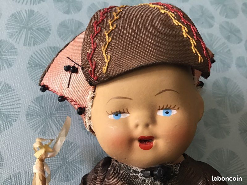 Petite Poupée Ancienne En Terre De Pipe - Années 1930 - Tête En Porcelaine