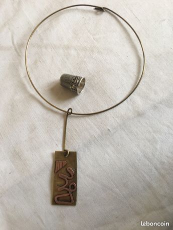Collier Pendentif Vintage Années 70 - Bois Vernis Marron, Or - Occasion
