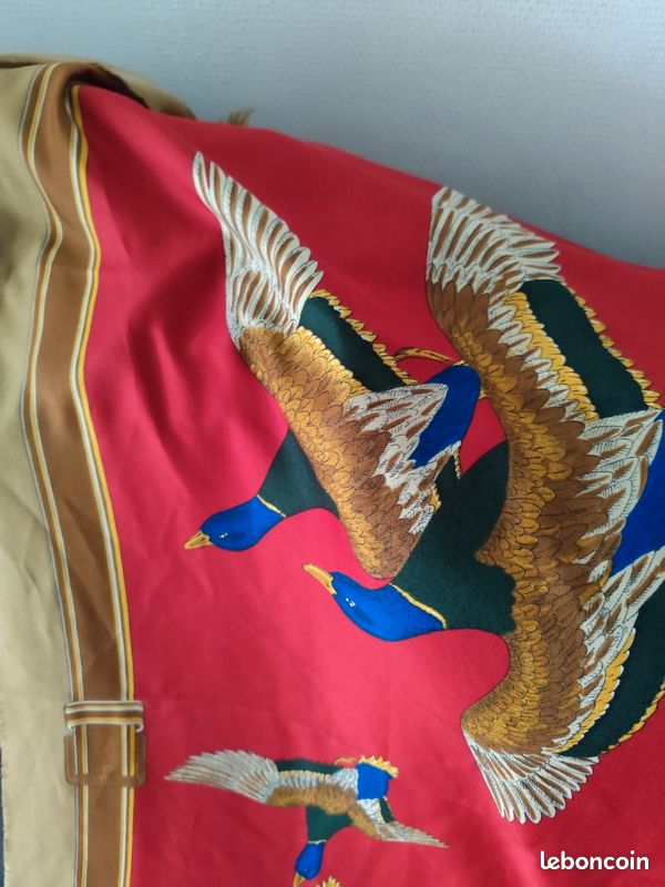 Foulard Carré En Soie Vintage - Décor Rapace (faucon Aigle) - 86x86 Cm - Bleu Turquoise - Occasion