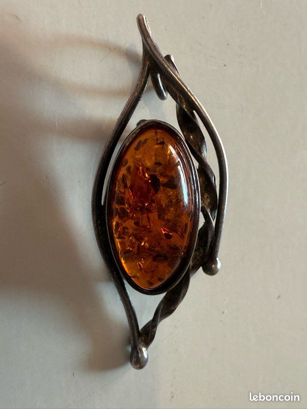 Broche Vintage Argent 925 Et Ambre – Bon état