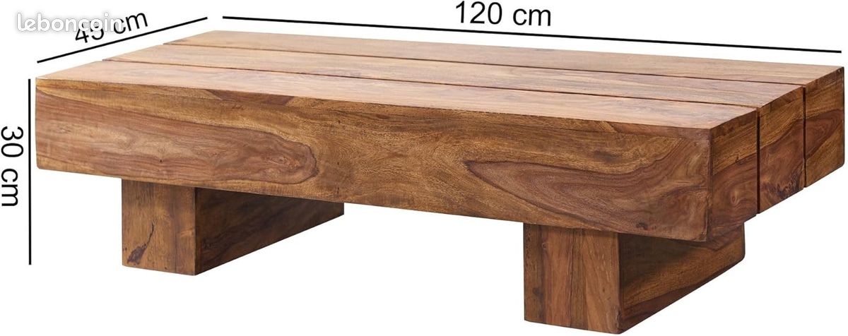Table Basse de Salon en Sheesham Massif – Design Lattes & Style Maison de Campagne – 120 x 45 cm – Finition Artisanale Unique (image 2)