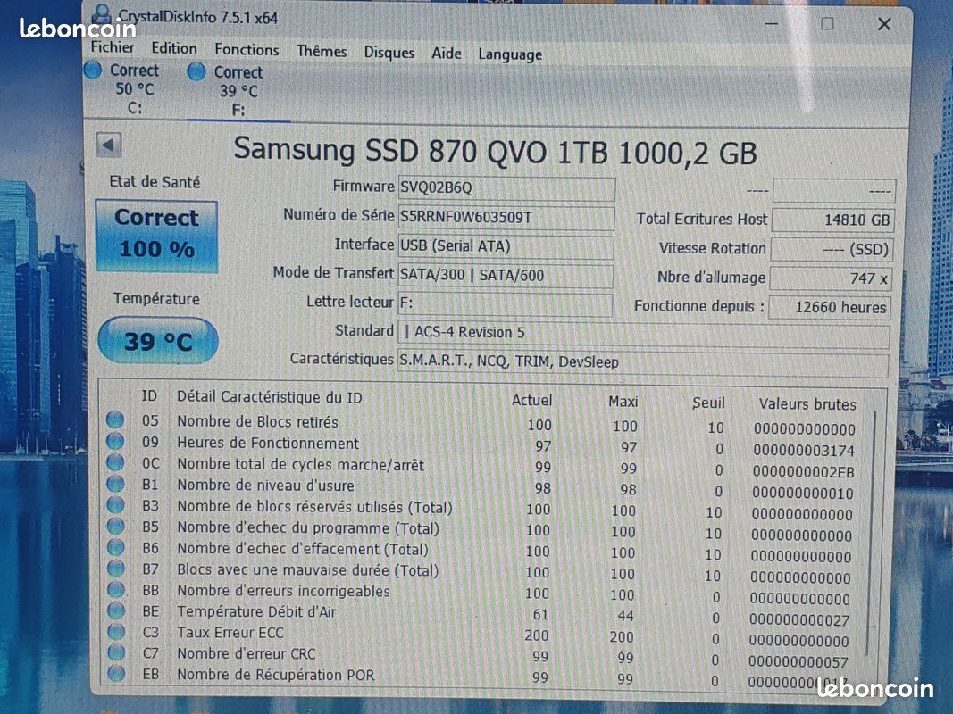 Disque Dur SSD Samsung 870 QVO 1Tb, Etat Correcte (image 3)