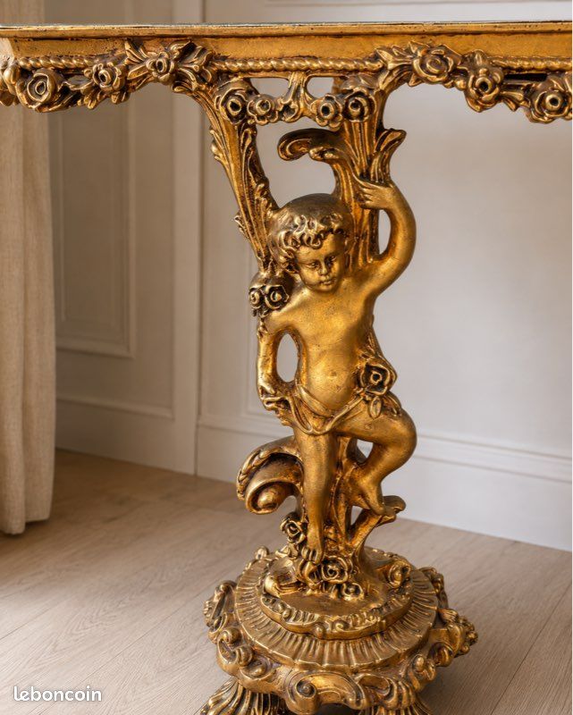 Grande console ancienne de style baroque, à décor de chérubin doré (image 5)