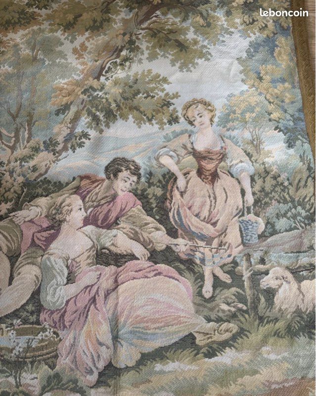 Tapisserie murale ancienne c1900 cadre en bois doré scène sentimentale vintage maison - France